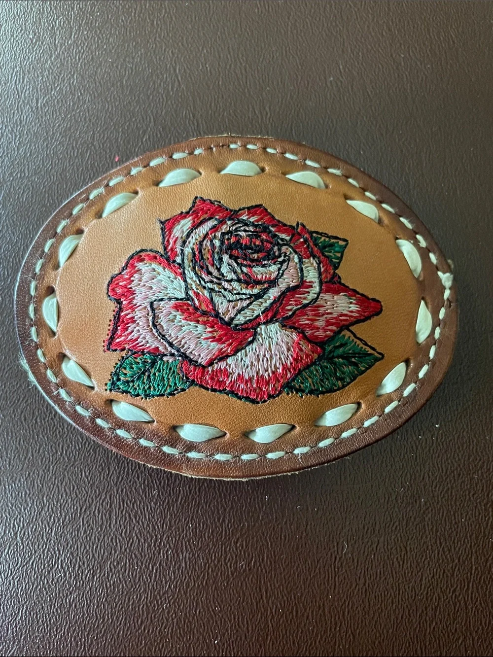 VTG Western Cowboy Leather Embroidered Desert Rose Belt Buckle